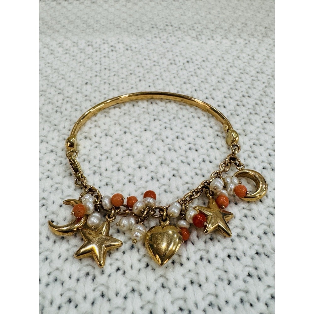 14K Gold Pearl Coral Celestial Charm Bangle Bracelet 13.23g Size 7